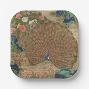 Plato De Papel Chinoiserie Pavo Azul con Jardín de Flores Exótica