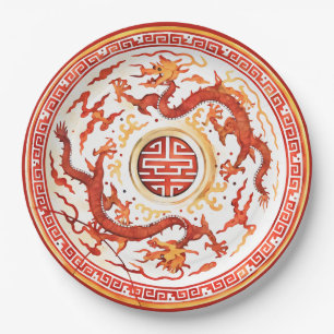 Plato De Papel Chinoiserie Rojo Dorado Dragón Imperial Falso Chin