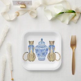 Plato De Papel Chinoiserie Watercolor Bow Cheetah Ginger Jar