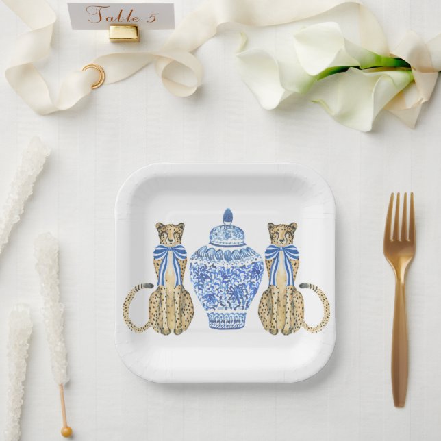 Plato De Papel Chinoiserie Watercolor Bow Cheetah Ginger Jar (Boda)