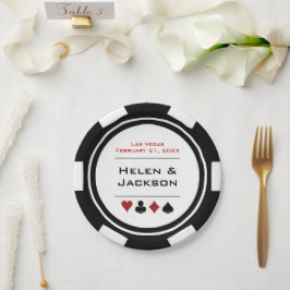 Plato De Papel Chip de Póquer Blanco y Negro Boda Las Vegas