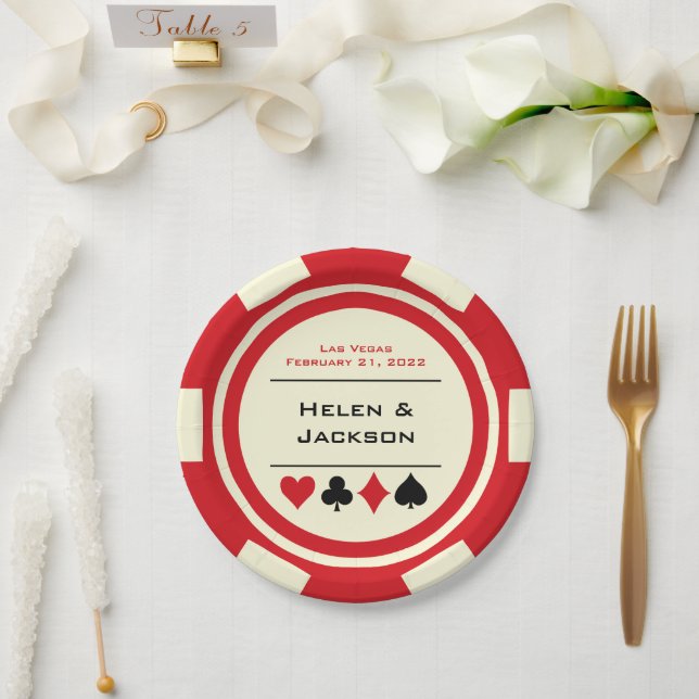 Plato De Papel Chip de Póquer rojo y blanco Boda Las Vegas (Boda)