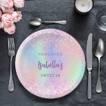 Plato De Papel Chispas holográficas rosadas Dulce 16<br><div class="desc">Un fondo holográfico de moda femenina,  rosa,  violeta y verde menta. Decorado con chispas falsas. Personalice y agregue un nombre y una edad.</div>