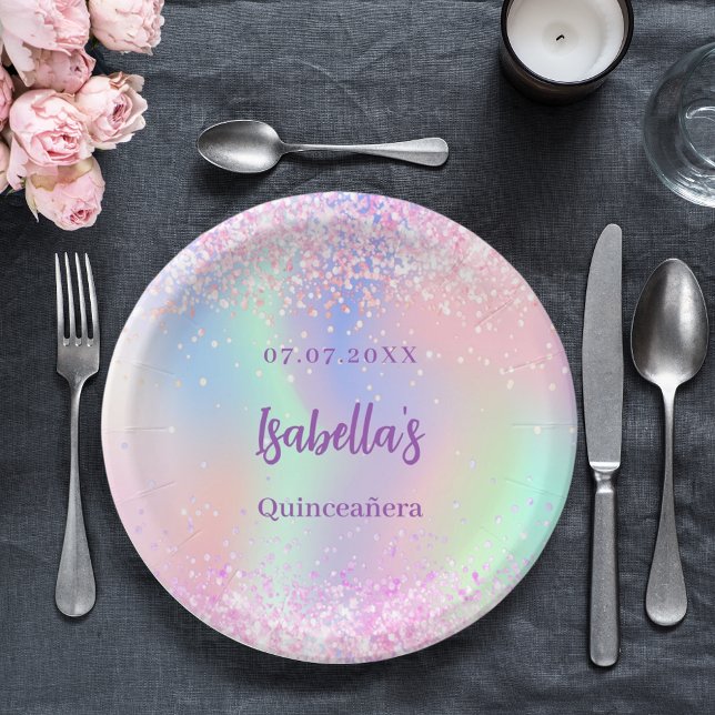 Plato De Papel Chispas holográficas rosas Quinceanera (Subido por el creador)