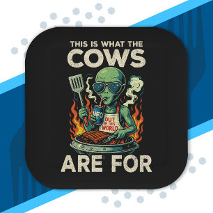 Plato De Papel Chiste Retro de Abducción de Vaca a la Parrilla po