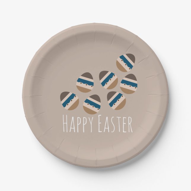 Plato De Papel Chocolate Happy Easter Eggs Earth Tone Blue Brown (Anverso)