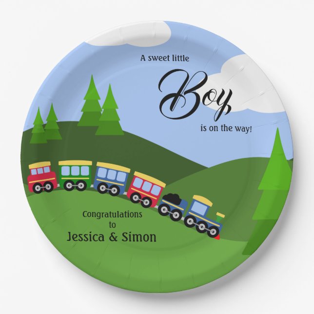 Plato De Papel Choo Choo Train Landscape Boy Baby Shower (Anverso)