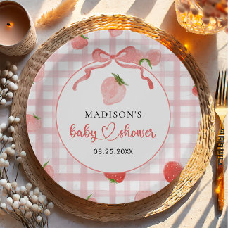 Plato De Papel Chorreada de Bebé Niña de Cuadros Rosados Fresa