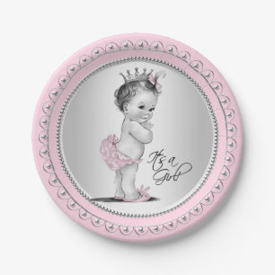 Plato De Papel Chorreada de Bebé Princesa Rosa Plateada Vintage