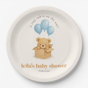 Plato De Papel Chorreada Minimalista Oso Globo Azul Baby Shower