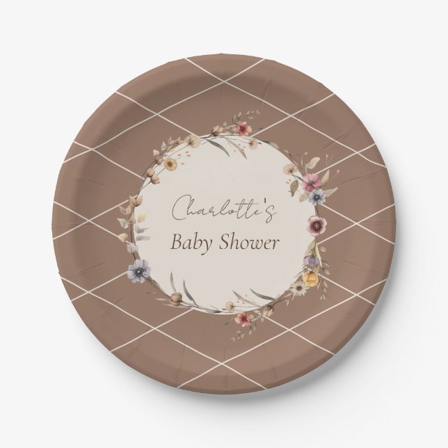 Plato De Papel Chorreado de acuarela en beige para baby shower fl (Anverso)