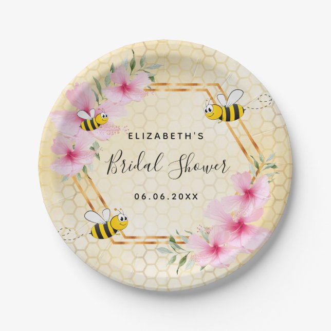 Plato De Papel Chorreo de abeja panal de abeja flores rosadas des (Anverso)