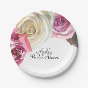 Plato De Papel Chorro de Acuarela Rosas Rosa y Blanco Chic Desped