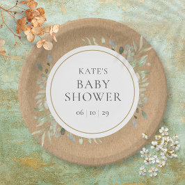 Plato De Papel Chorro de Agua Acuarela Neutral Baby Shower Rústic