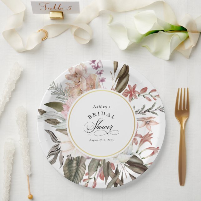 Plato De Papel Chorro de Agua Floral Boho para Despedida de Solte (Boda)