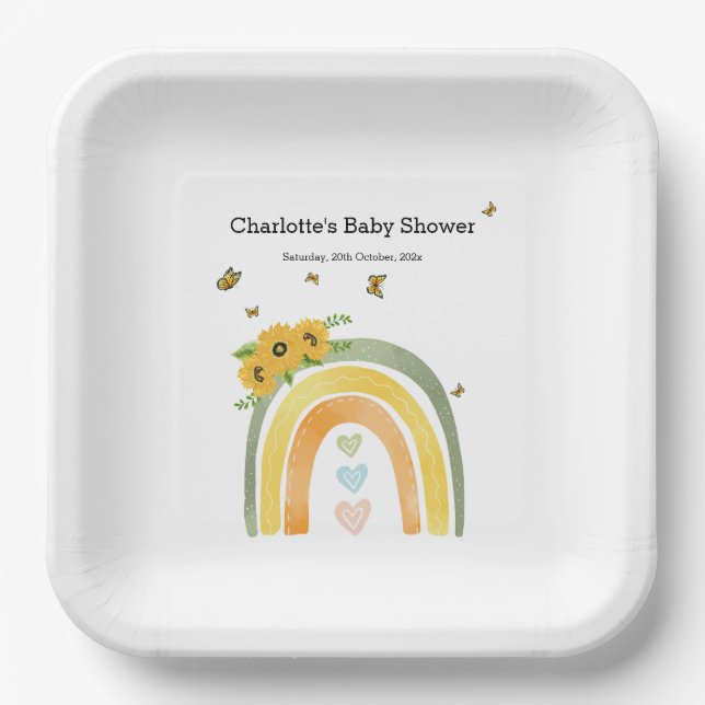 Plato De Papel Chorro de Arcoíris con Babyshower de Girasoles (Anverso)