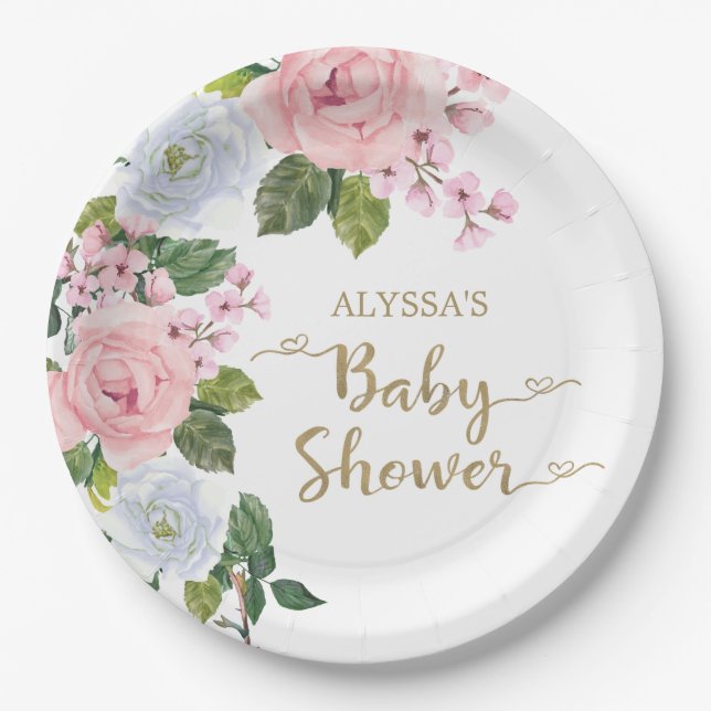Plato De Papel Chorro De Bebé De Rosas Florales Blancas Y Rosadas (Anverso)