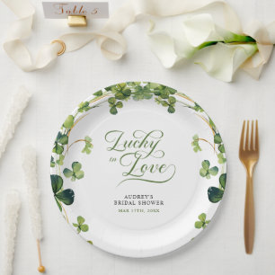 Plato De Papel Chorro de Boda Afortunado en el Amor Verde Trébol 