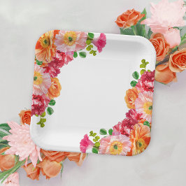 Plato De Papel Chorro de Naranja y Rosa Brillante Floral para Des