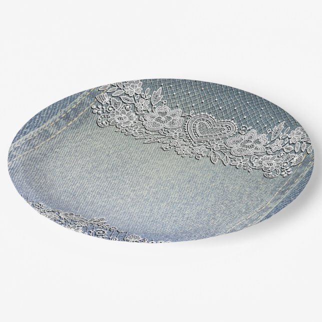 Plato De Papel Chorro de novia de mezclilla azul y encaje blanco  (Angular)