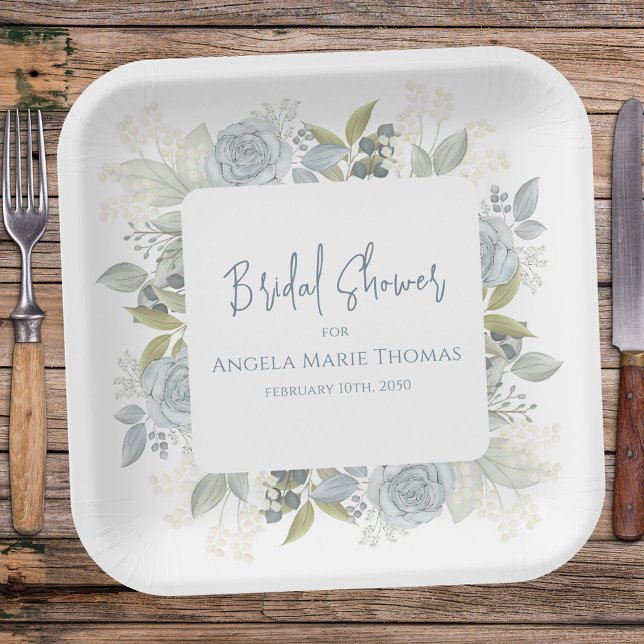 Plato De Papel Chorro de Novia Floral Elegante Rosas Azules Polvo (Bridal Shower paper plate with elegant blue floral roses, greenery, foliage, and leaves)