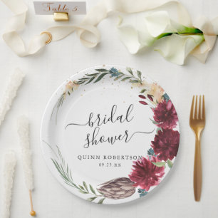 Plato De Papel Chorro de Novia Floral Otoñal Acuarela Boho