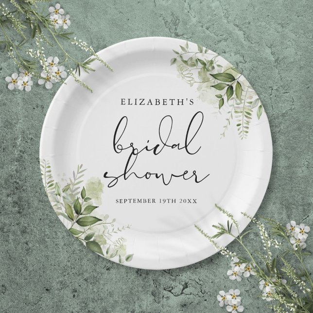 Plato De Papel Chorro Nupcial con Guion Elegante y Vegetación Rús (Rustic Greenery Elegant Script Bridal Shower Paper Plates)