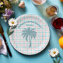 Plato De Papel Chorro Nupcial de Palma Azul Rosa Cuadriculado
