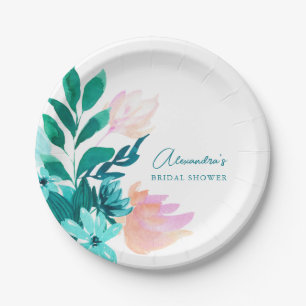 Plato De Papel Chorro Nupcial Floral Acuarela Verde Azul Agua