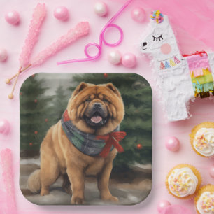 Plato De Papel Chow Chow Dog en Navidades de nieve