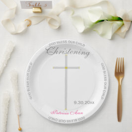 Plato De Papel Christening Chica Rosa Nombre Cruz Plata