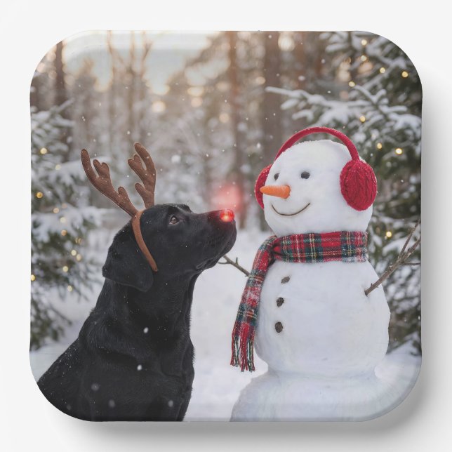 Plato De Papel Christmas Black Labrador Retriever with Snowman (Anverso)