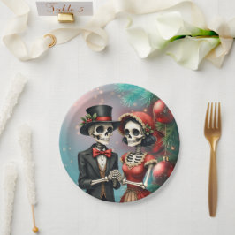 Plato De Papel Christmas Bone Romance, A festive skeleton couple.