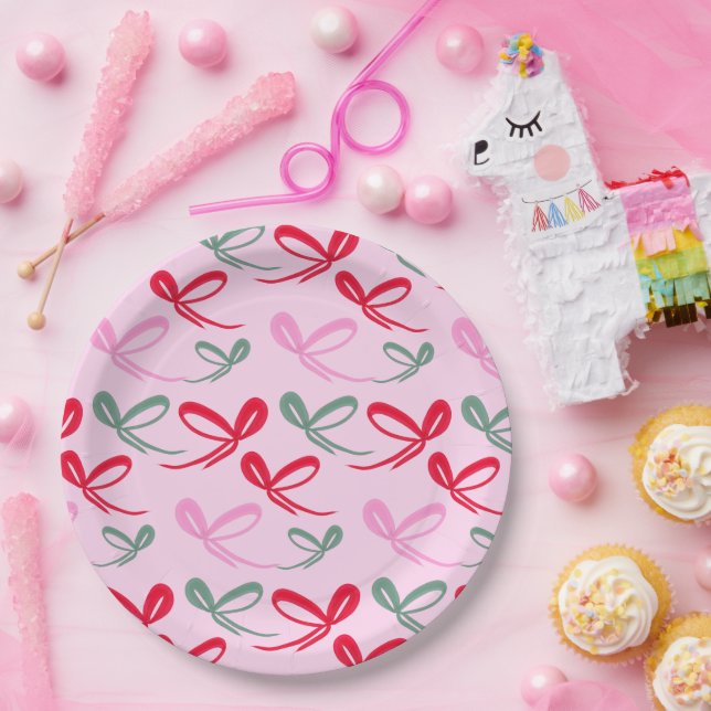 Plato De Papel Christmas bows green pink whimiscal hand drawn (Fiesta)