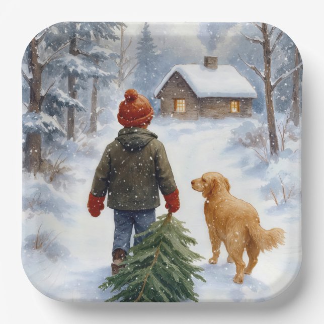 Plato De Papel Christmas Boy In Snowflakes With Pine Tree and Dog (Anverso)