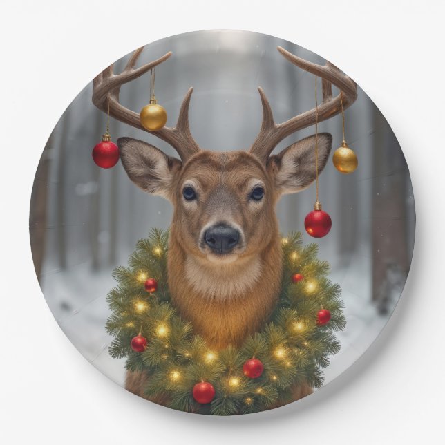 Plato De Papel Christmas Buck Wearing a Glowing Wreath (Anverso)