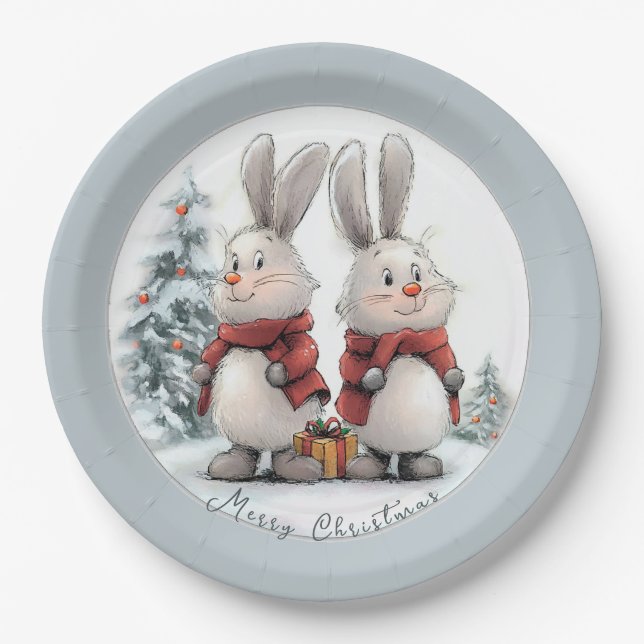 Plato De Papel Christmas Bunny and gift, personalized (Anverso)