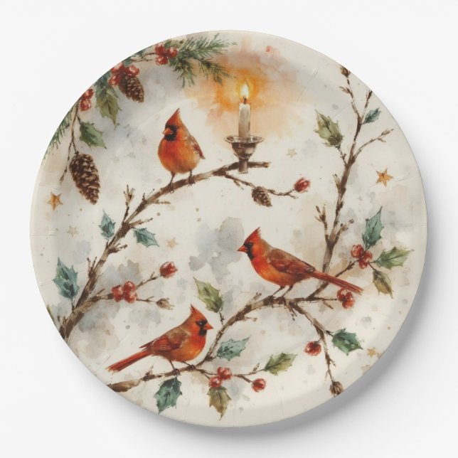 Plato De Papel Christmas Cardinals (Anverso)