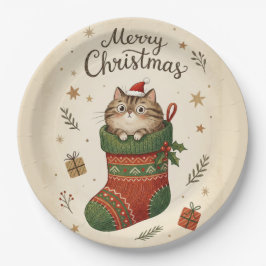 Plato De Papel Christmas Cat in Stocking