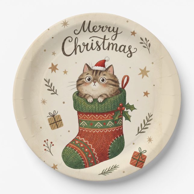 Plato De Papel Christmas Cat in Stocking (Anverso)