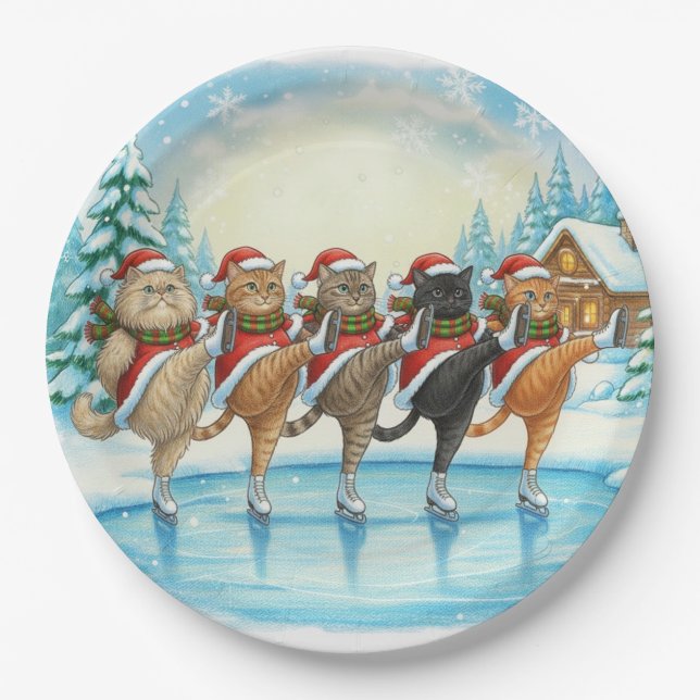 Plato De Papel Christmas Cat Skaters, Paper Plate (Anverso)