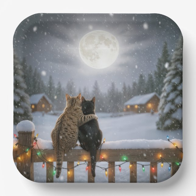 Plato De Papel Christmas Cats Cuddling On a Snowy Fence (Anverso)