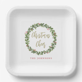 Plato De Papel Christmas Cheer Wreath Gold Script Personalized