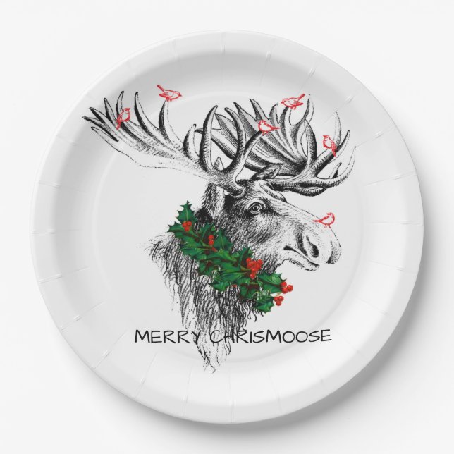 Plato De Papel Christmas Chrismoose Moose Birds Holly Paper Plate (Anverso)