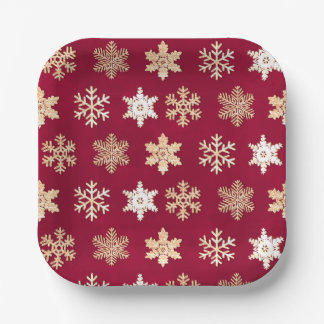 Plato De Papel Christmas cranberry gold snowflakes