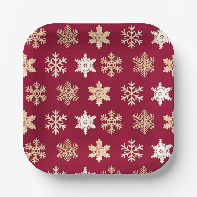 Plato De Papel Christmas cranberry gold snowflakes (Anverso)