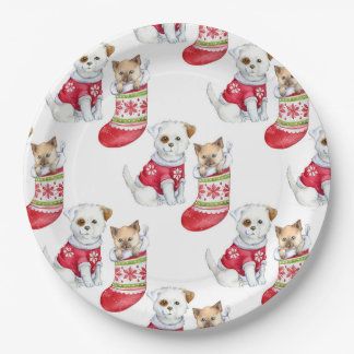 Plato De Papel Christmas Dog & Cat