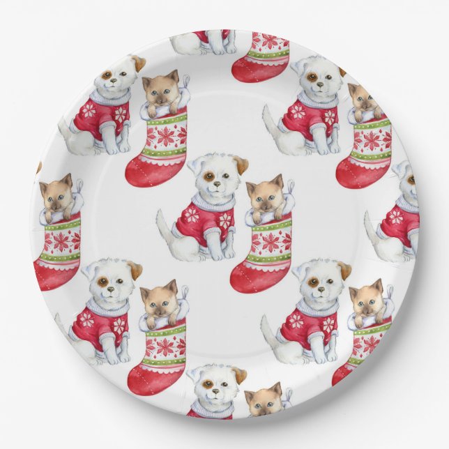 Plato De Papel Christmas Dog & Cat (Anverso)
