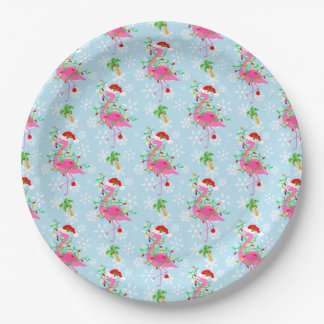 Plato De Papel Christmas Flamingo Pattern Blue