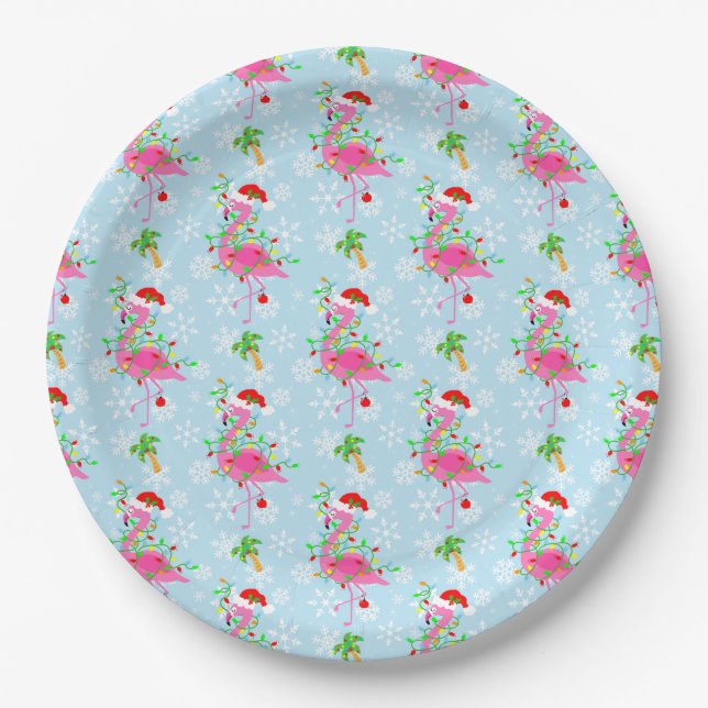 Plato De Papel Christmas Flamingo Pattern Blue (Anverso)